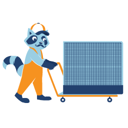 Illustrated raccoon pushing card with storage crate