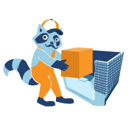 Illustrated raccoon loading boxes into microstorage crate
